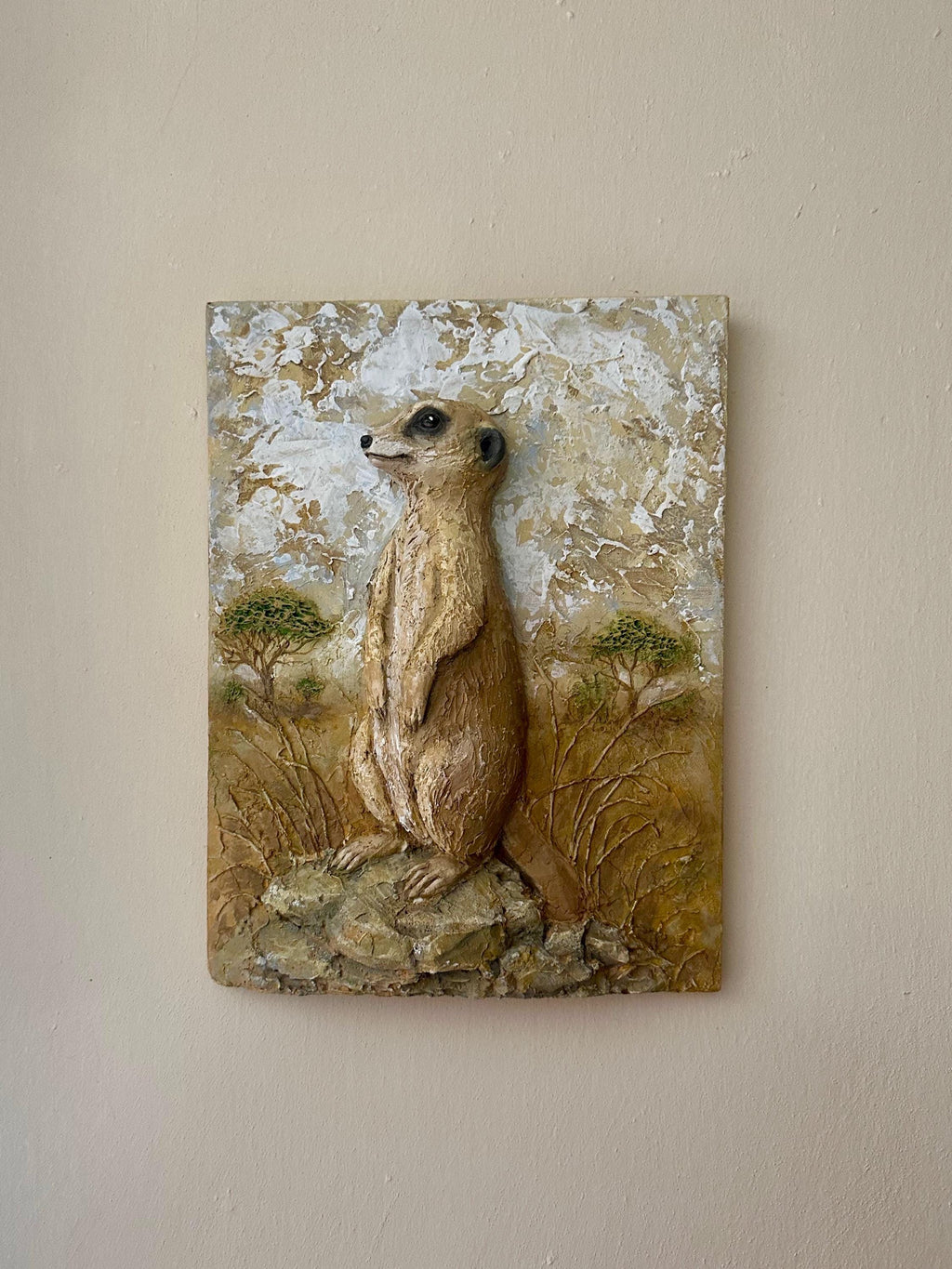 Erdmännchen Wandbild | Handgefertigte Relief Kunst aus Spachtelmasse | 40cm x 30cm