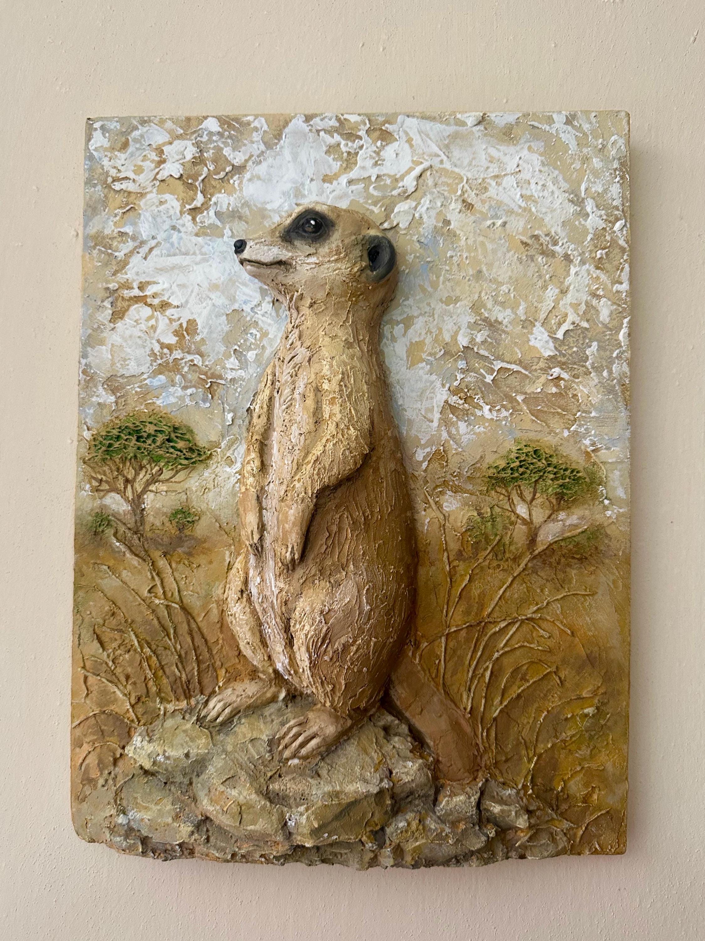 Erdmännchen Wandbild | Handgefertigte Relief Kunst aus Spachtelmasse | 40cm x 30cm