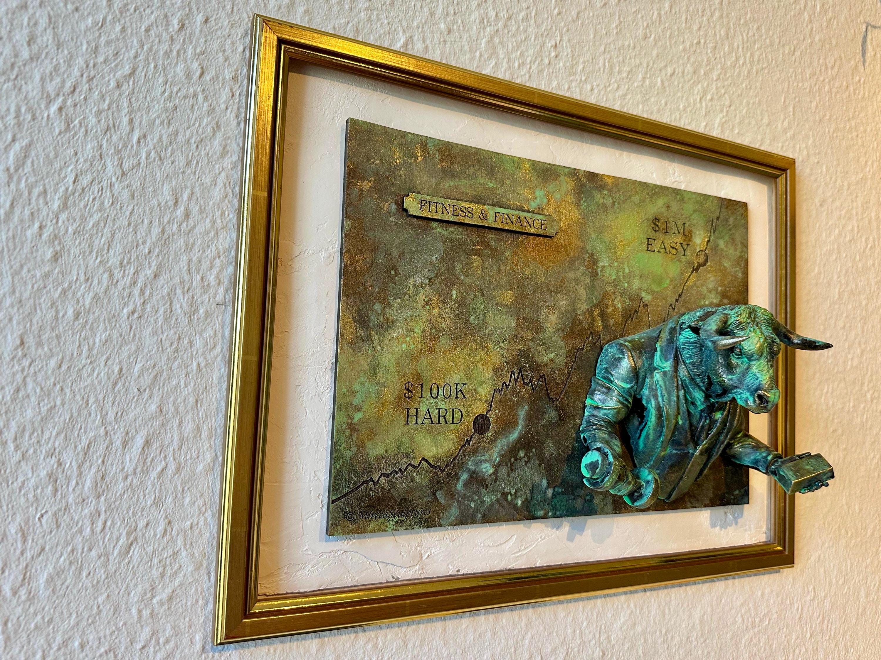 Stock Market Bull Fitness & Finance | Wall Art for Wealth / Health |Handmade Relief for Entrepreneurs and Investors