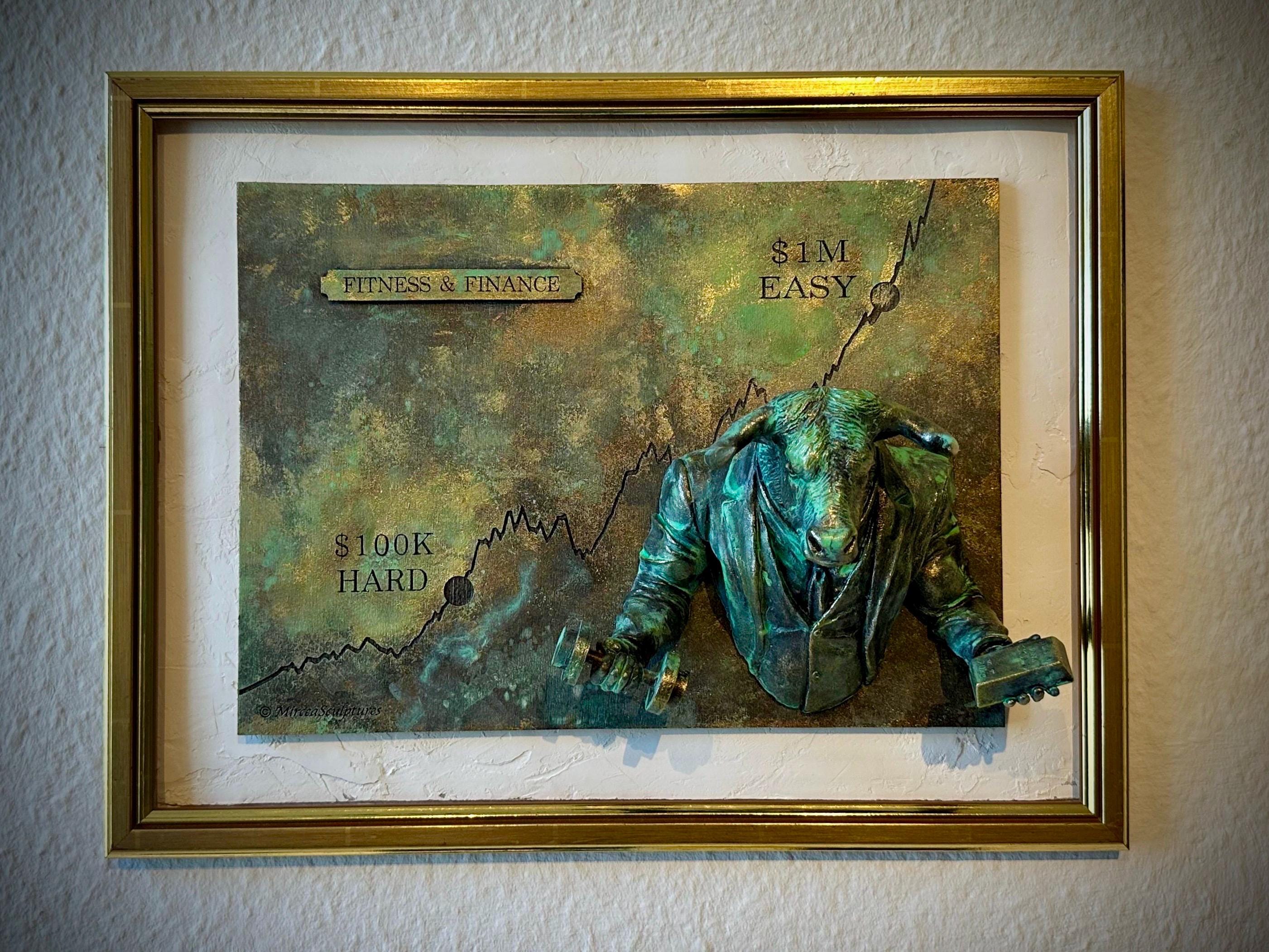 Stock Market Bull Fitness & Finance | Wall Art for Wealth / Health |Handmade Relief for Entrepreneurs and Investors